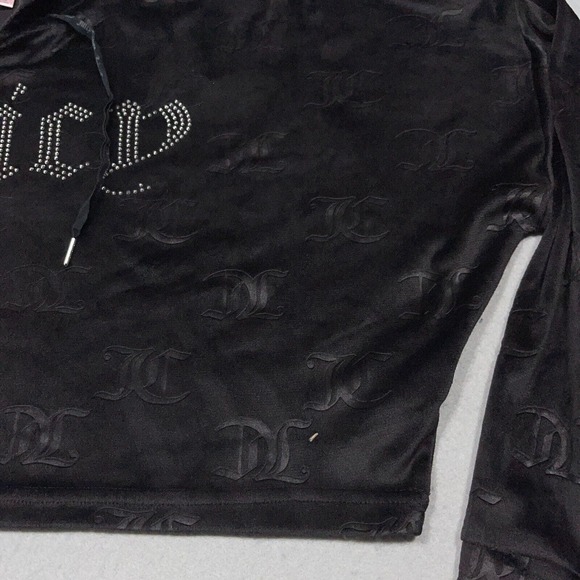 Juicy Couture Black Velour Logo Cropped Hoodie Size Medium Y2K Style - Picture 5 of 13